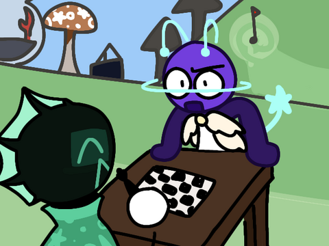 Novai being absolutely flabbergasted because Stitches ate a chess piece.